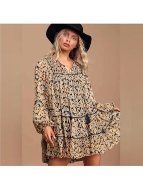 Free People Beige and Black Floral Tiered Mini Dress